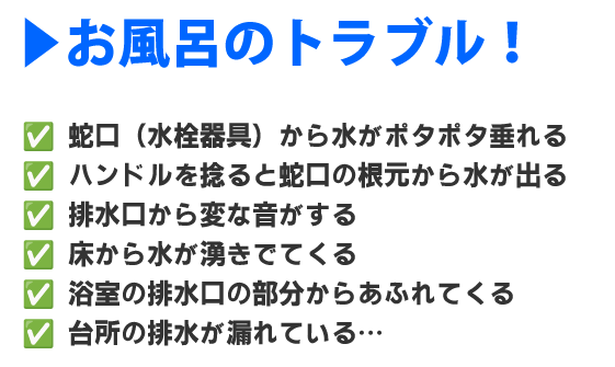 蛇口（水栓器具）から水がポタポタ垂れる、
ハンドルを捻ると蛇口の根元から水が出る、
排水口から変な音がする、
床から水が湧きでてくる、
浴室の排水口の部分からあふれてくる、
台所の排水が漏れている…